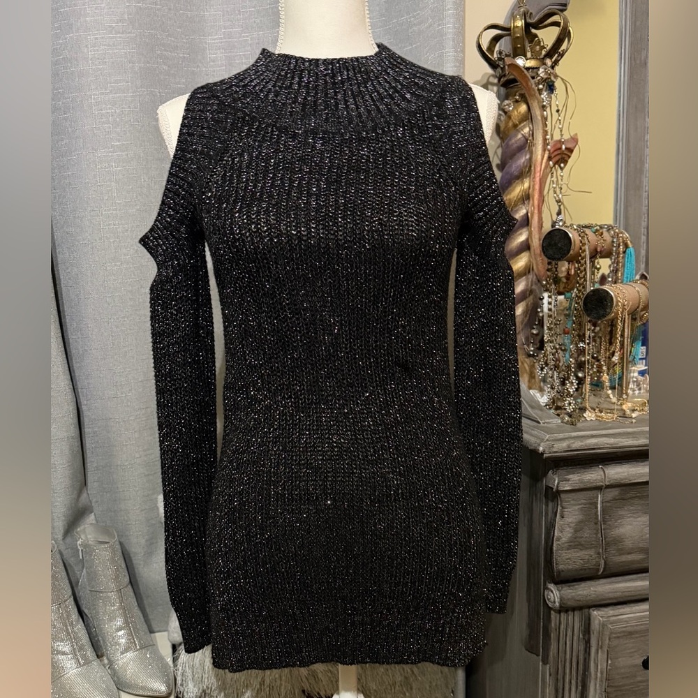 Black and Silver Metallic Cold Shoulder Knit Tunic